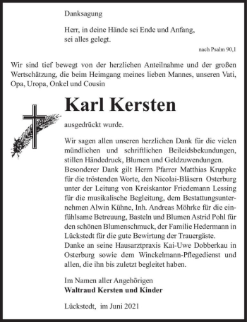 Traueranzeige von Karl Kersten  von Magdeburger Volksstimme