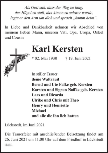 Traueranzeige von Karl Kersten  von Magdeburger Volksstimme
