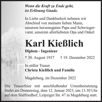 Traueranzeige von Karl Kießlich  von Magdeburger Volksstimme