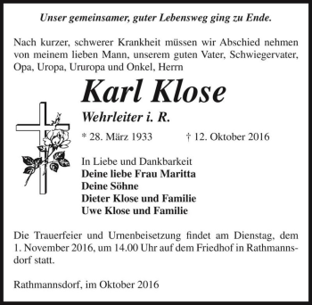 Traueranzeige von Karl Klose  von Magdeburger Volksstimme