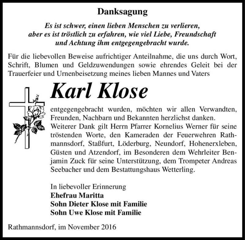  Traueranzeige für Karl Klose  vom 05.11.2016 aus Magdeburger Volksstimme
