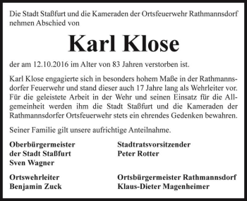 Traueranzeige von Karl Klose  von Magdeburger Volksstimme