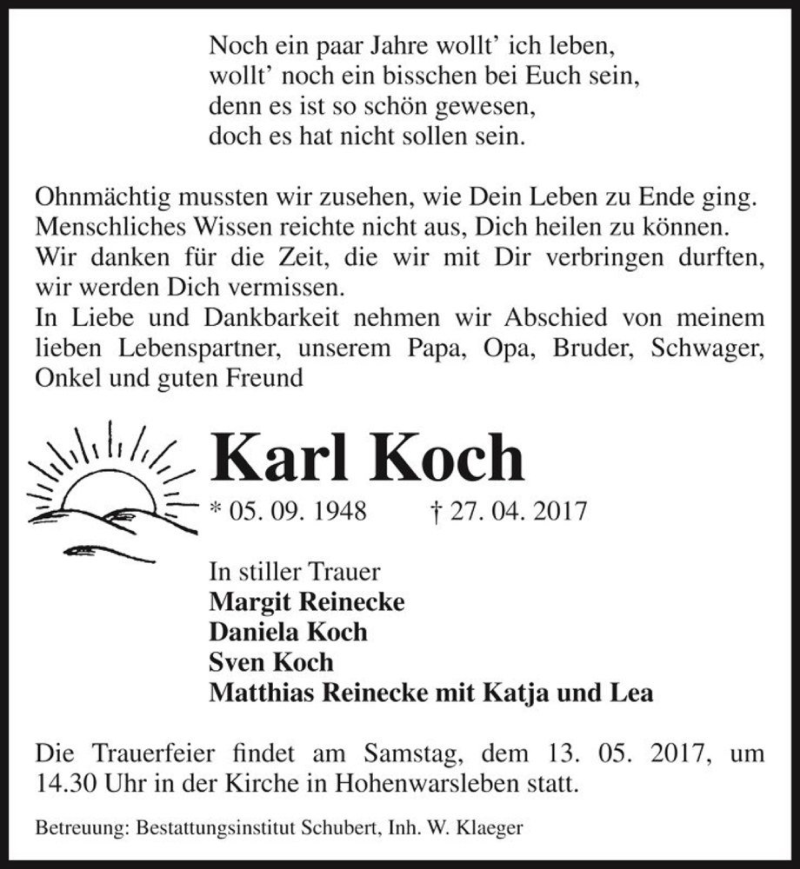  Traueranzeige für Karl Koch  vom 06.05.2017 aus Magdeburger Volksstimme