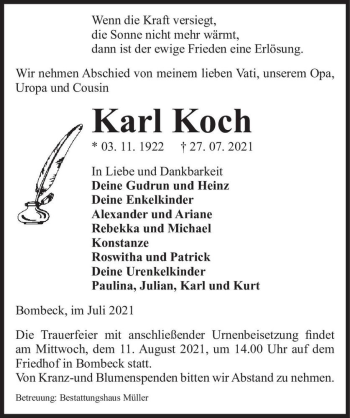 Traueranzeige von Karl Koch  von Magdeburger Volksstimme