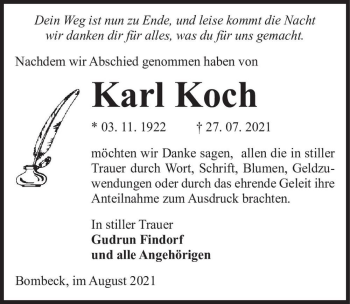Traueranzeige von Karl Koch  von Magdeburger Volksstimme