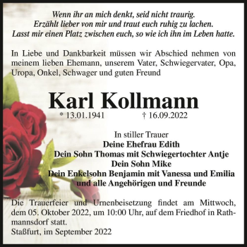 Traueranzeige von Karl Kollmann  von Magdeburger Volksstimme