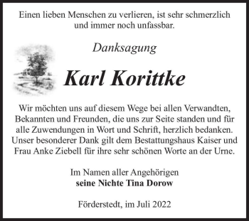 Traueranzeige von Karl Korittke  von Magdeburger Volksstimme