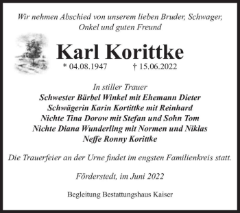 Traueranzeige von Karl Korittke  von Magdeburger Volksstimme