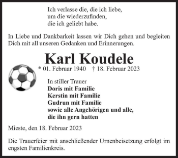Traueranzeige von Karl Koudele  von Magdeburger Volksstimme