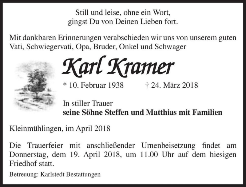  Traueranzeige für Karl Kramer  vom 07.04.2018 aus Magdeburger Volksstimme