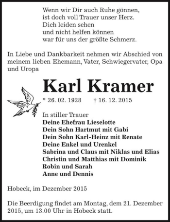 Traueranzeige von Karl Kramer  von Magdeburger Volksstimme