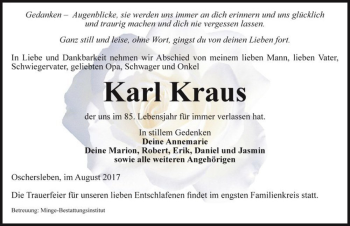 Traueranzeige von Karl Kraus  von Magdeburger Volksstimme