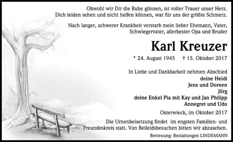  Traueranzeige für Karl Kreuzer  vom 21.10.2017 aus Magdeburger Volksstimme