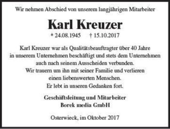Traueranzeige von Karl Kreuzer  von Magdeburger Volksstimme