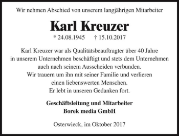 Traueranzeige von Karl Kreuzer  von Magdeburger Volksstimme