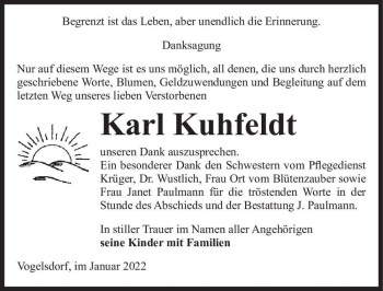 Traueranzeige von Karl Kuhfeldt  von Magdeburger Volksstimme