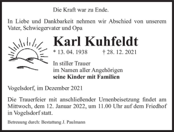 Traueranzeige von Karl Kuhfeldt  von Magdeburger Volksstimme