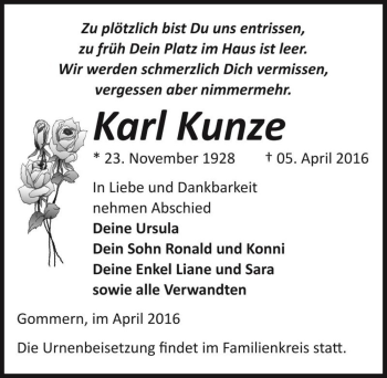 Traueranzeige von Karl Kunze  von Magdeburger Volksstimme