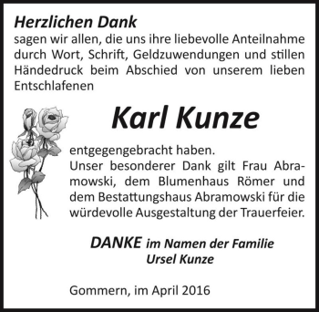 Traueranzeige von Karl Kunze  von Magdeburger Volksstimme
