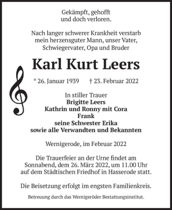 Traueranzeige von Karl Kurt Leers  von Magdeburger Volksstimme