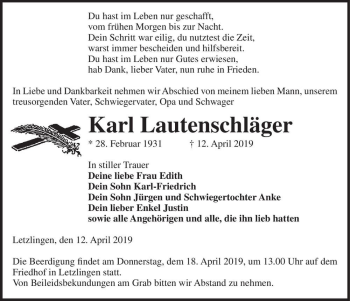 Traueranzeige von Karl Lautenschläger  von Magdeburger Volksstimme