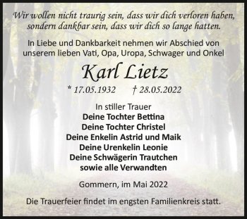 Traueranzeige von Karl Lietz  von Magdeburger Volksstimme