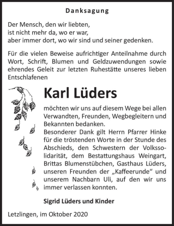 Traueranzeige von Karl Lüders  von Magdeburger Volksstimme
