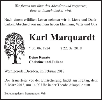 Traueranzeige von Karl Marquardt  von Magdeburger Volksstimme