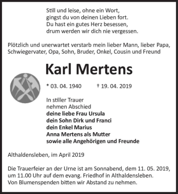 Traueranzeige von Karl Mertens  von Magdeburger Volksstimme