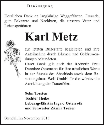 Traueranzeige von Karl Metz  von Magdeburger Volksstimme
