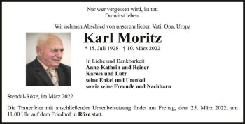 Traueranzeige von Karl Moritz  von Magdeburger Volksstimme