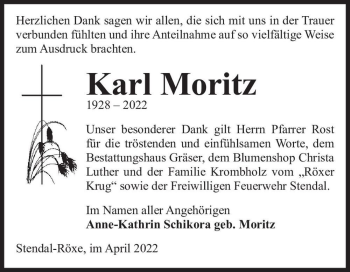 Traueranzeige von Karl Moritz  von Magdeburger Volksstimme