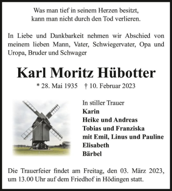 Traueranzeige von Karl Moritz Hübotter  von Magdeburger Volksstimme