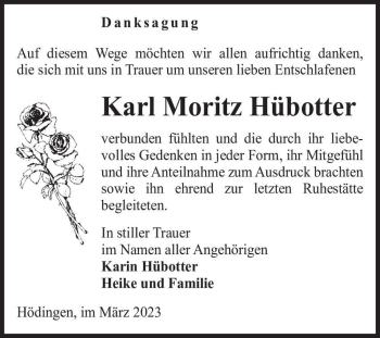 Traueranzeige von Karl Moritz Hübotter  von Magdeburger Volksstimme