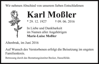 Traueranzeige von Karl Moßler  von Magdeburger Volksstimme