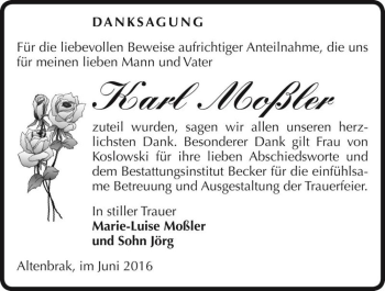 Traueranzeige von Karl Moßler  von Magdeburger Volksstimme