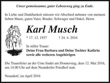 Traueranzeige von Karl Musch  von Magdeburger Volksstimme