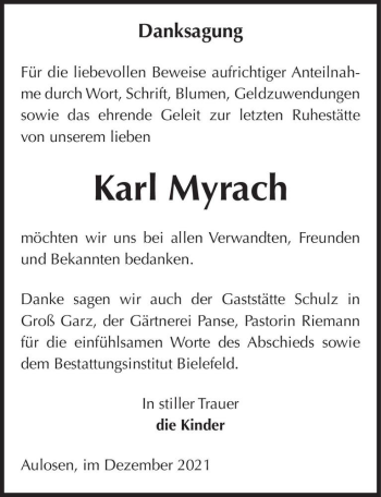 Traueranzeige von Karl Myrach  von Magdeburger Volksstimme