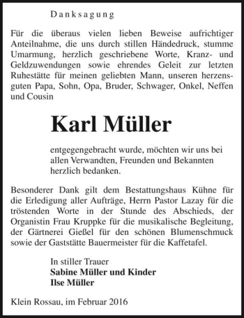 Traueranzeige von Karl Müller  von Magdeburger Volksstimme