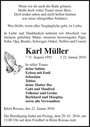 Traueranzeige von Karl Müller  von Magdeburger Volksstimme