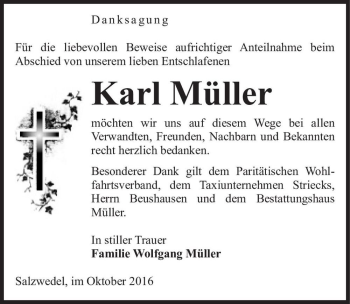 Traueranzeige von Karl Müller  von Magdeburger Volksstimme