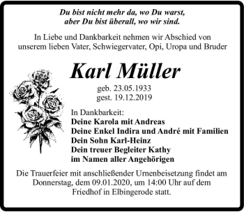 Traueranzeige von Karl Müller  von Magdeburger Volksstimme