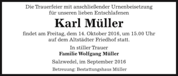 Traueranzeige von Karl Müller  von Magdeburger Volksstimme