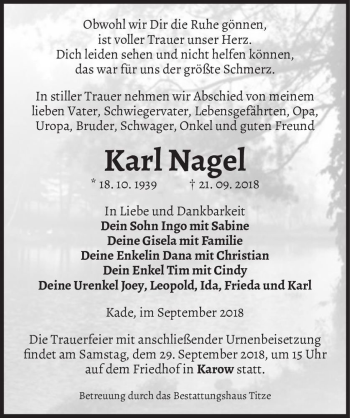 Traueranzeige von Karl Nagel  von Magdeburger Volksstimme