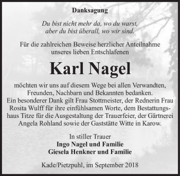 Traueranzeige von Karl Nagel  von Magdeburger Volksstimme