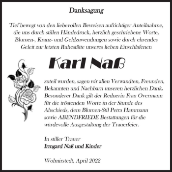 Traueranzeige von Karl Naß  von Magdeburger Volksstimme