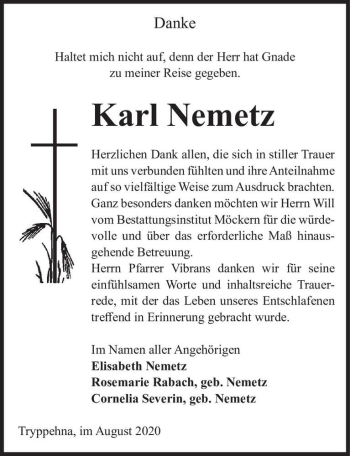 Traueranzeige von Karl Nemetz  von Magdeburger Volksstimme