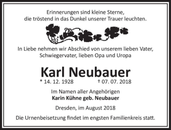 Traueranzeige von Karl Neubauer  von Magdeburger Volksstimme