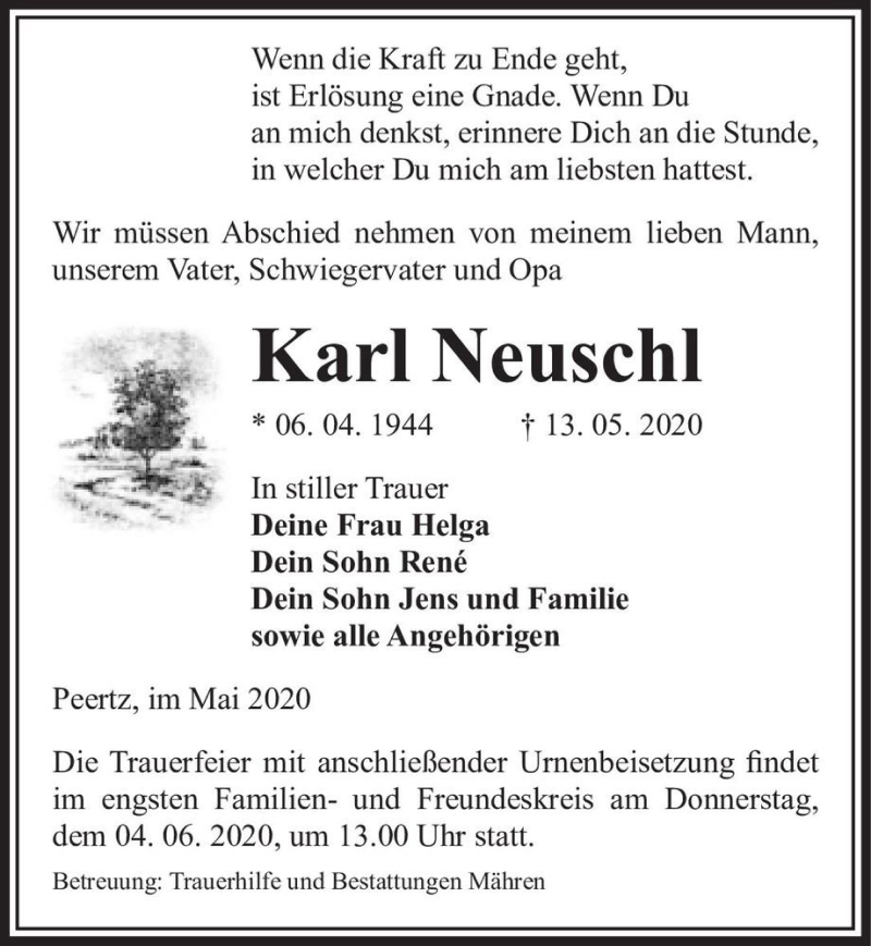 Traueranzeige für Karl Neuschl  vom 16.05.2020 aus Magdeburger Volksstimme