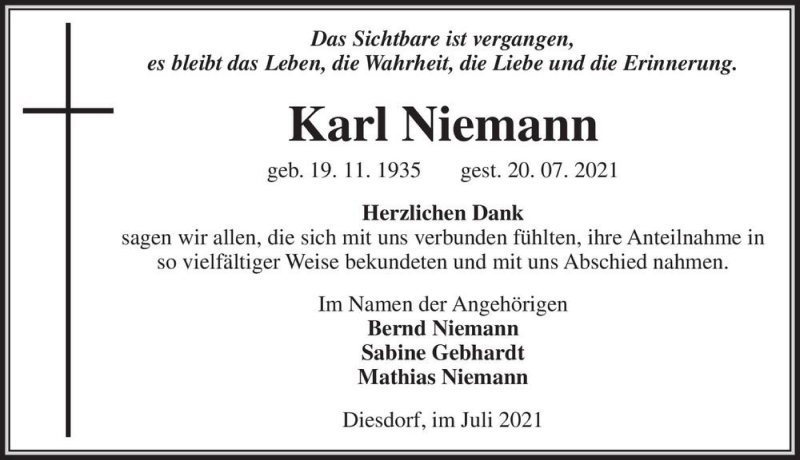  Traueranzeige für Karl Niemann  vom 27.08.2021 aus Magdeburger Volksstimme